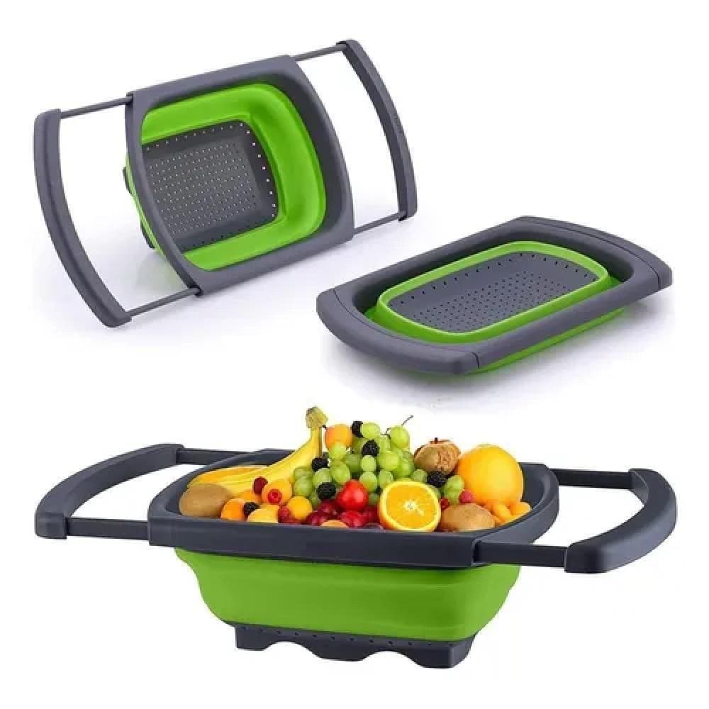 Escorredor Retrátil Silicone Alça Ajustável Massas Macarrão Legumes Frutas Pia Cozinha Multiuso Verde
