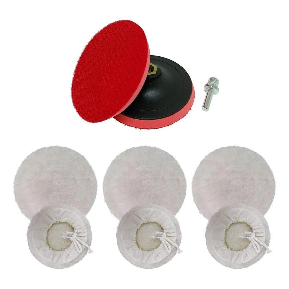 Kit Polimento 3 Boina Lã + Disco 125Mm + Adaptador Furadeira
