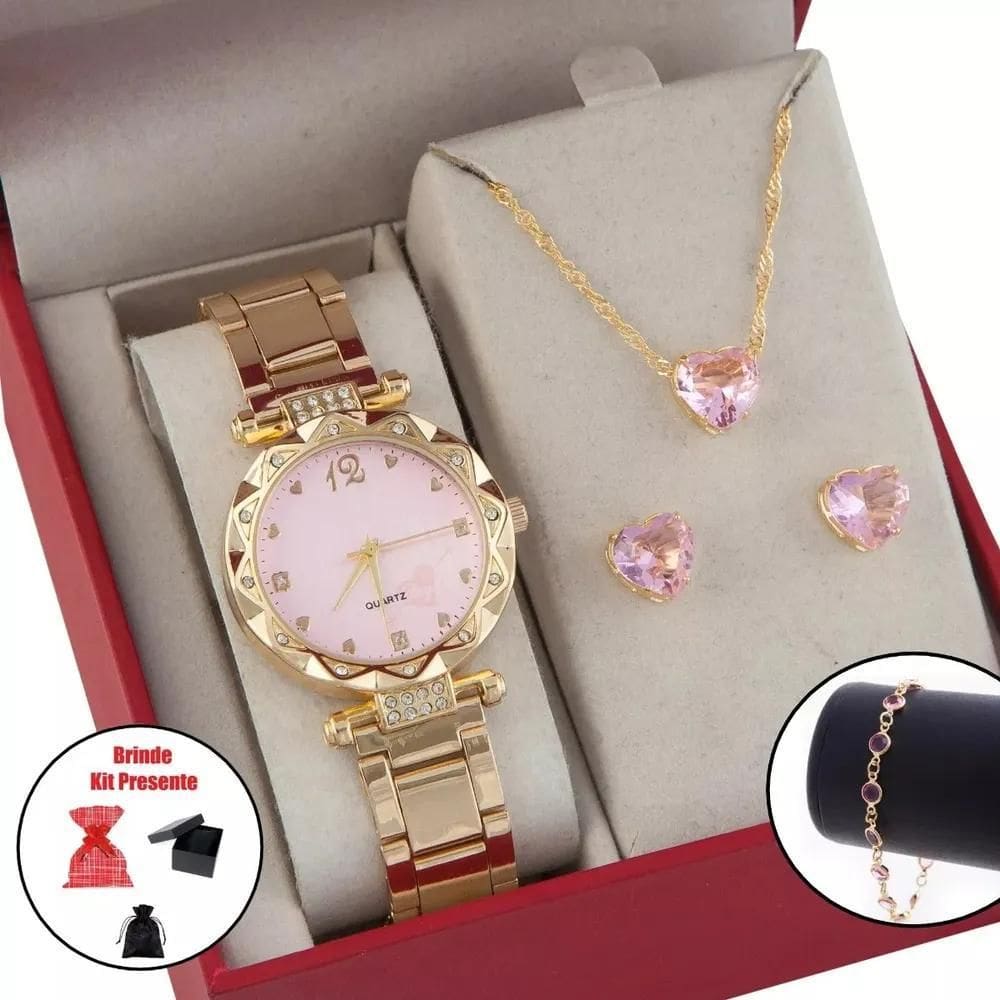 Relógio Feminino+ Kit Colar Pingente Brincos Folh Dourado-Ro