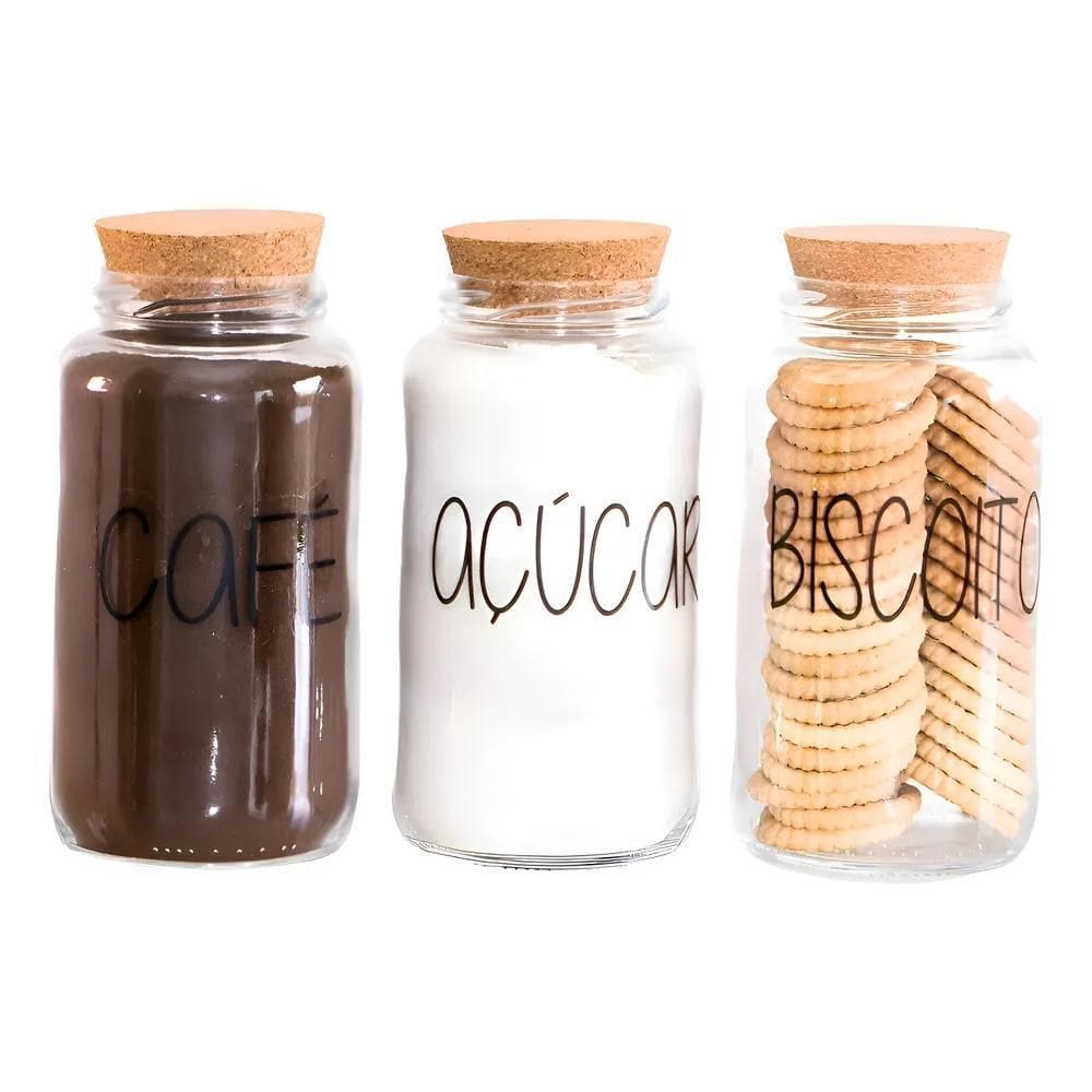 Kit 3 Potes De Vidro 810Ml - Tampa De Rolha Cantinho Do Café