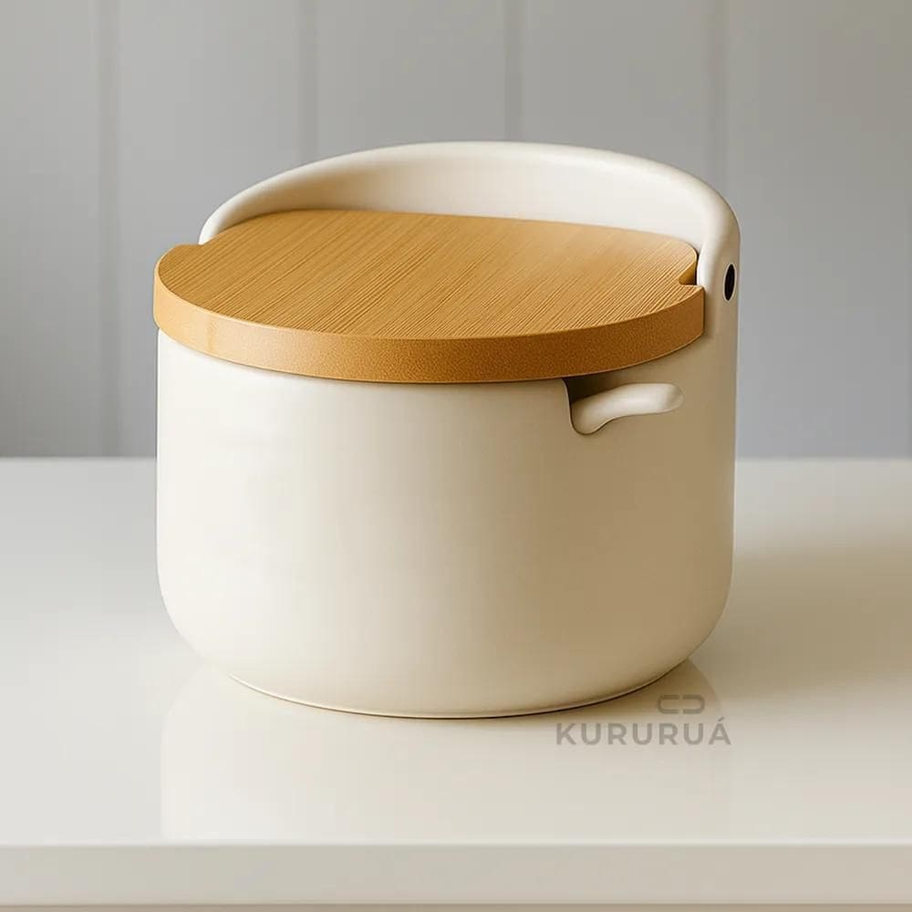 Saleiro De Mesa Porta Sal Em Porcelana Com Colher Tampa Bamb