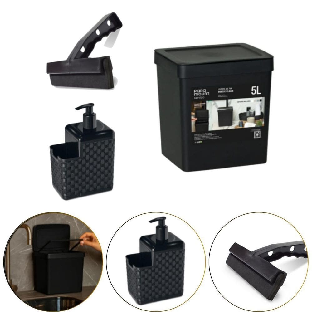 Kit Cozinha Porta Detergente/Esponja,Rodinho E Lixeira 5 Lts