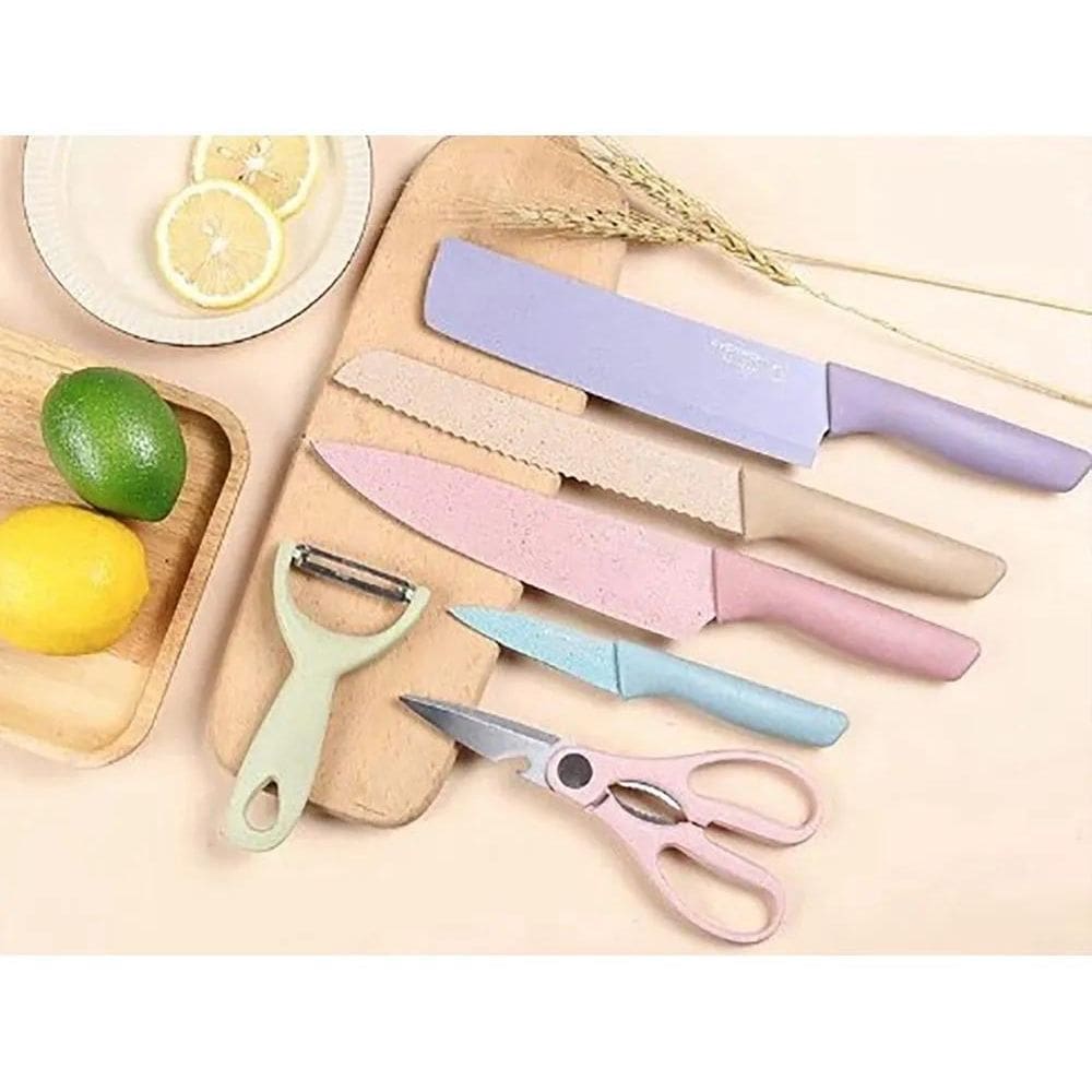 Kit De Facas Aço Inox + Tesoura E Descascador Coloridas