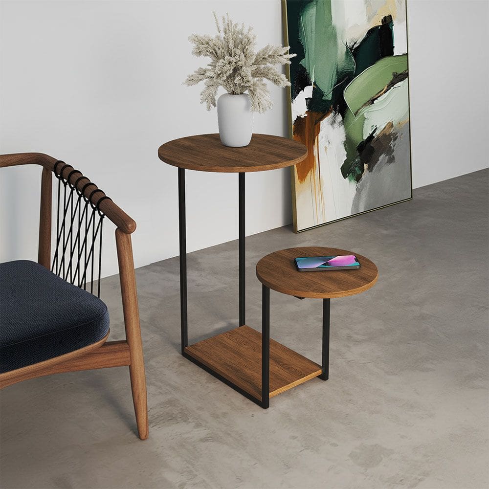 Mesal Lateral Cibele Tampo Redondo Ferro Preto Tampo Freijó