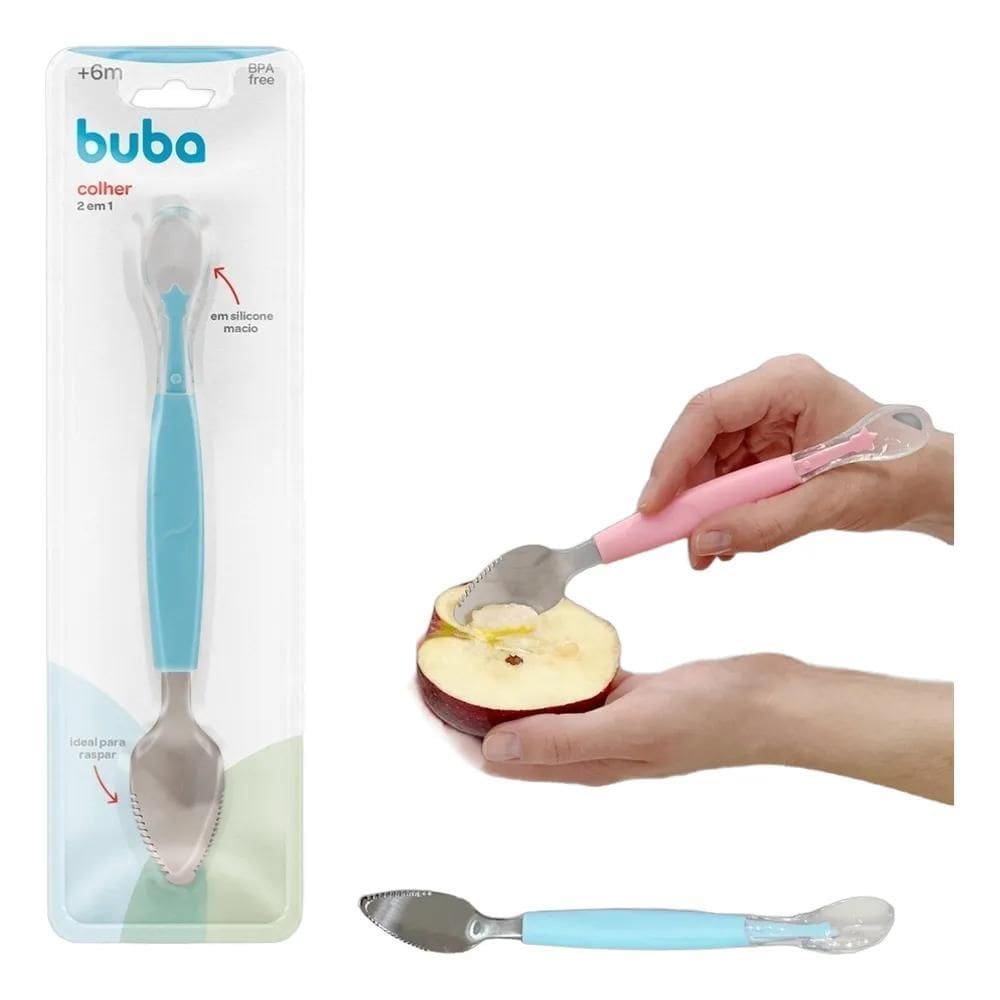 Colher 2 Em 1 Raspa Frutinha Em Silicone E Aço Inox Buba +6M