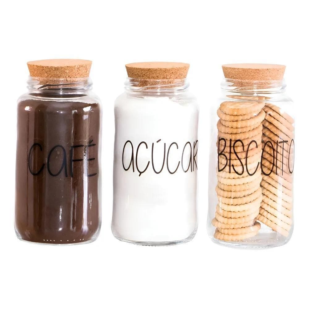 Kit 3 Potes De Vidro 810Ml - Tampa De Rolha Cantinho Do Café