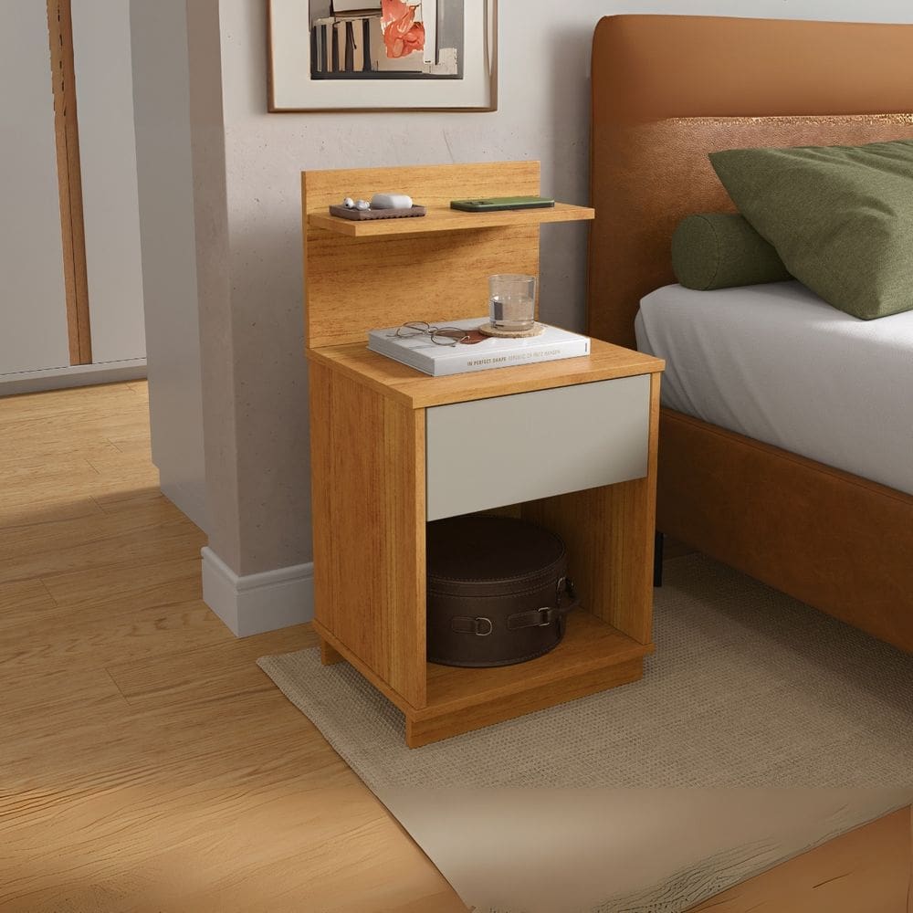 Mesa de Cabeceira Mavie 1 Gaveta e 2 Prateleiras MDP Moderno Funcional Quarto Patrimar