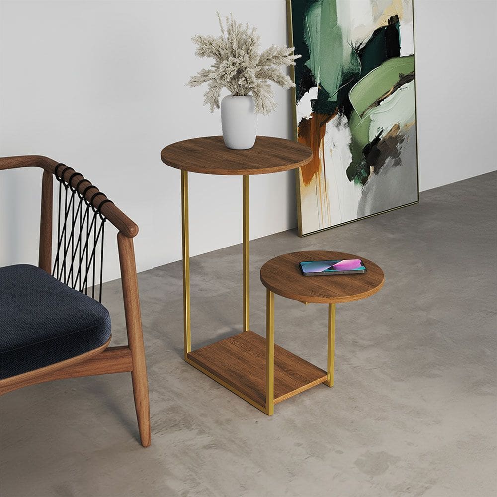 Mesa Lateral Moderna Dourado Cibele Tampo Redondo Freijó