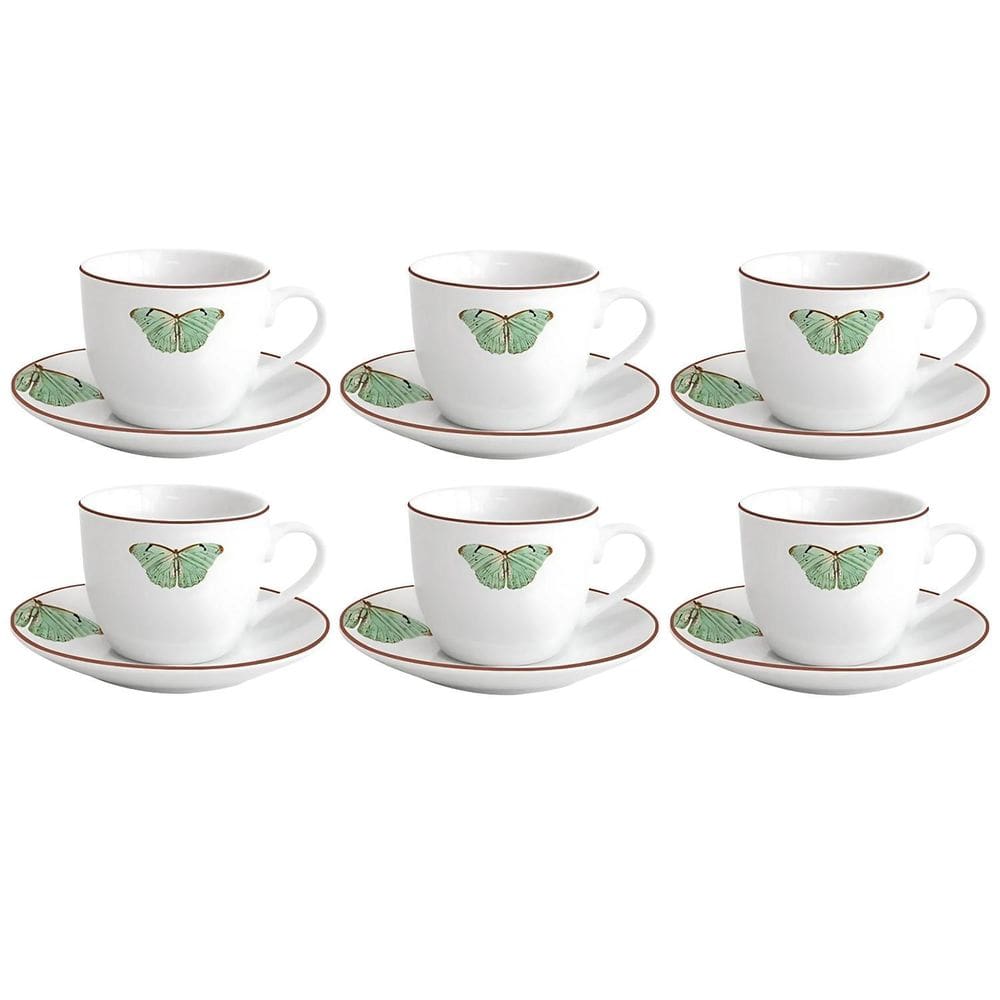 Jogo Xicaras Café Com Pires 80Ml 6 Peças Borboleta Porcelana
