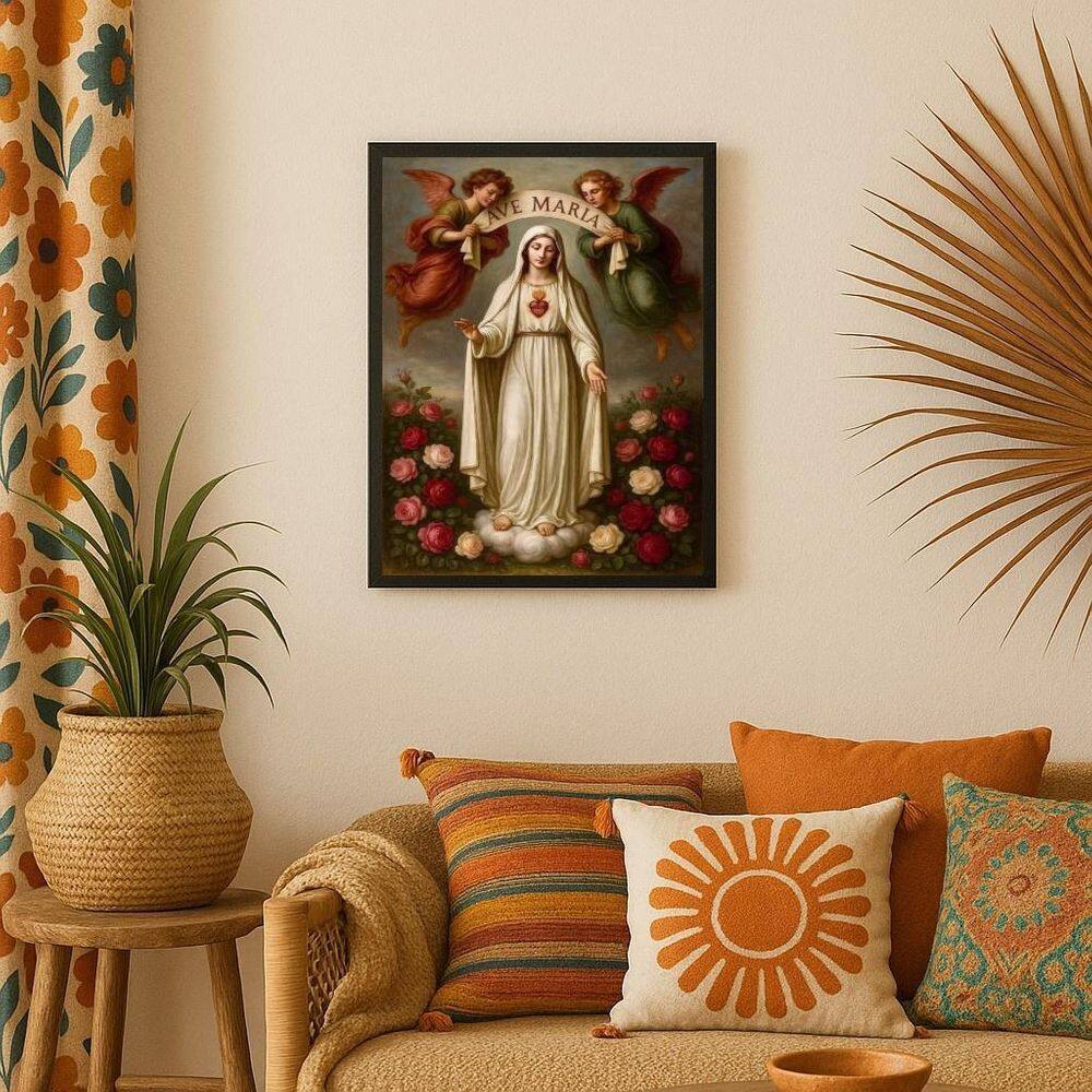 Quadro Decorativo Ave Maria Com Anjos 24X18Cm - Com Vidro