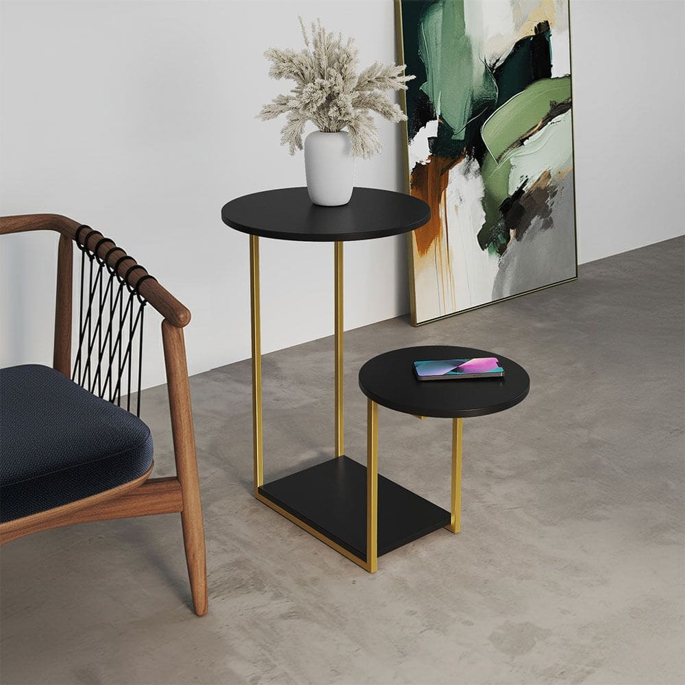 Mesa Auxiliar Ferro Dourado Tampo Redondo Preto Cibele