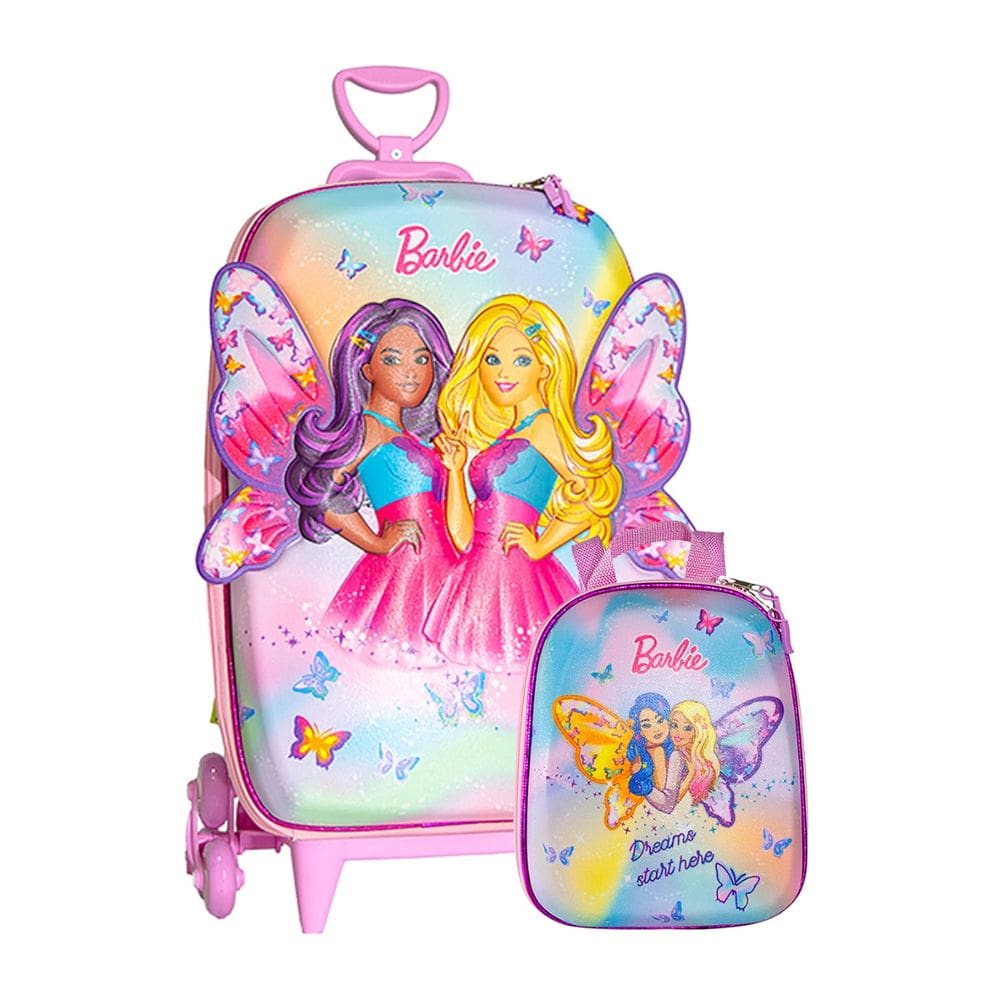 Mochila Roda Tripla Barbie Borboleta 3D Lancheira Escolar