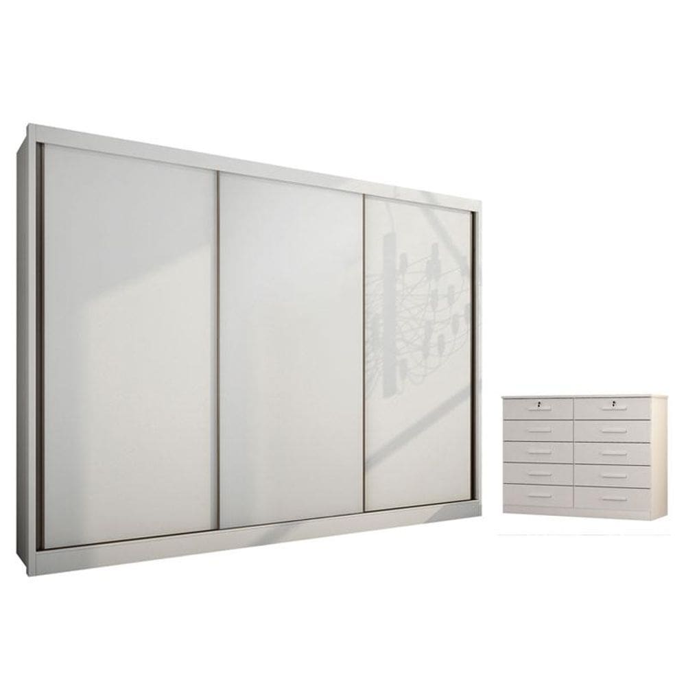 Guarda Roupa Casal Londres com Nicho e Gaveteiro Milão com Chave Neve - Novo Horizonte