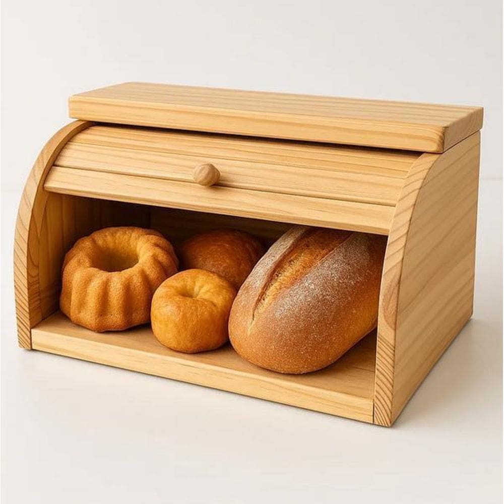Porta Pães Funcional 40Cm Tampa Retratil Madeira Rustica