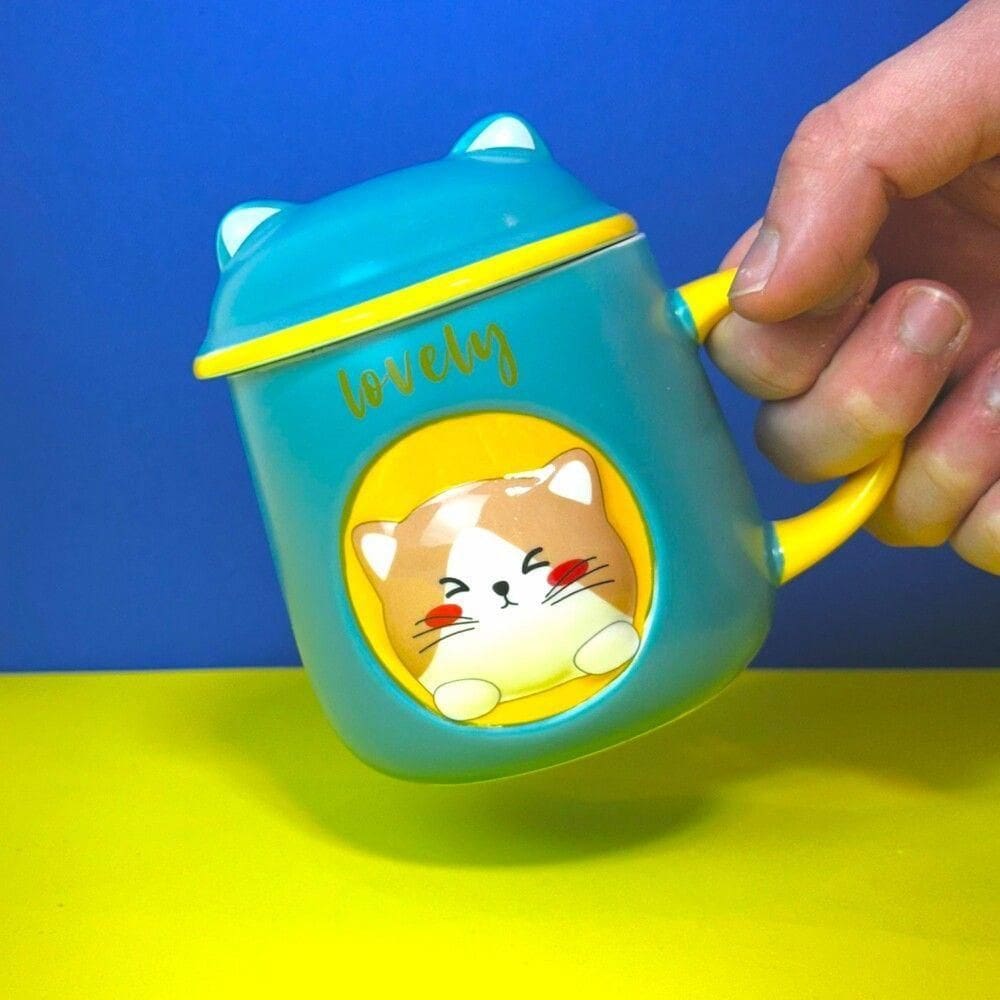 Caneca De Porcelana 3d Gatinho Verde Com Tampa E Colher - Alegria Para O Seu Dia A Dia