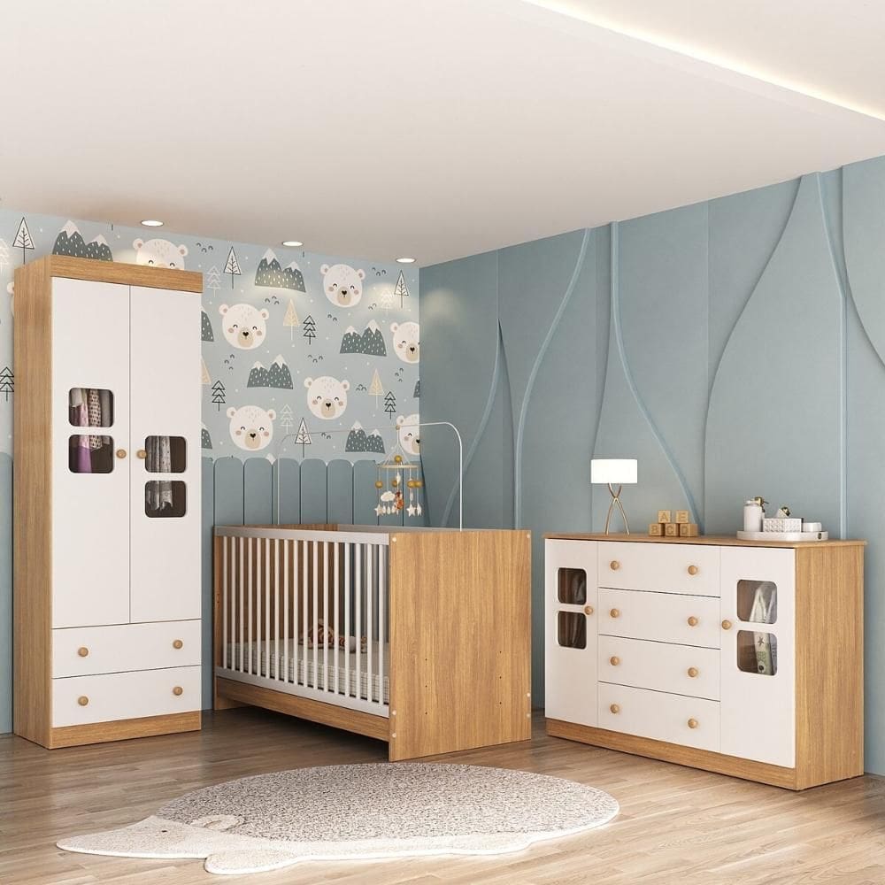Quarto de Bebê Completo com Berço 3 em 1 para Colchão 130x60cm Brisa Multimóveis MP4529