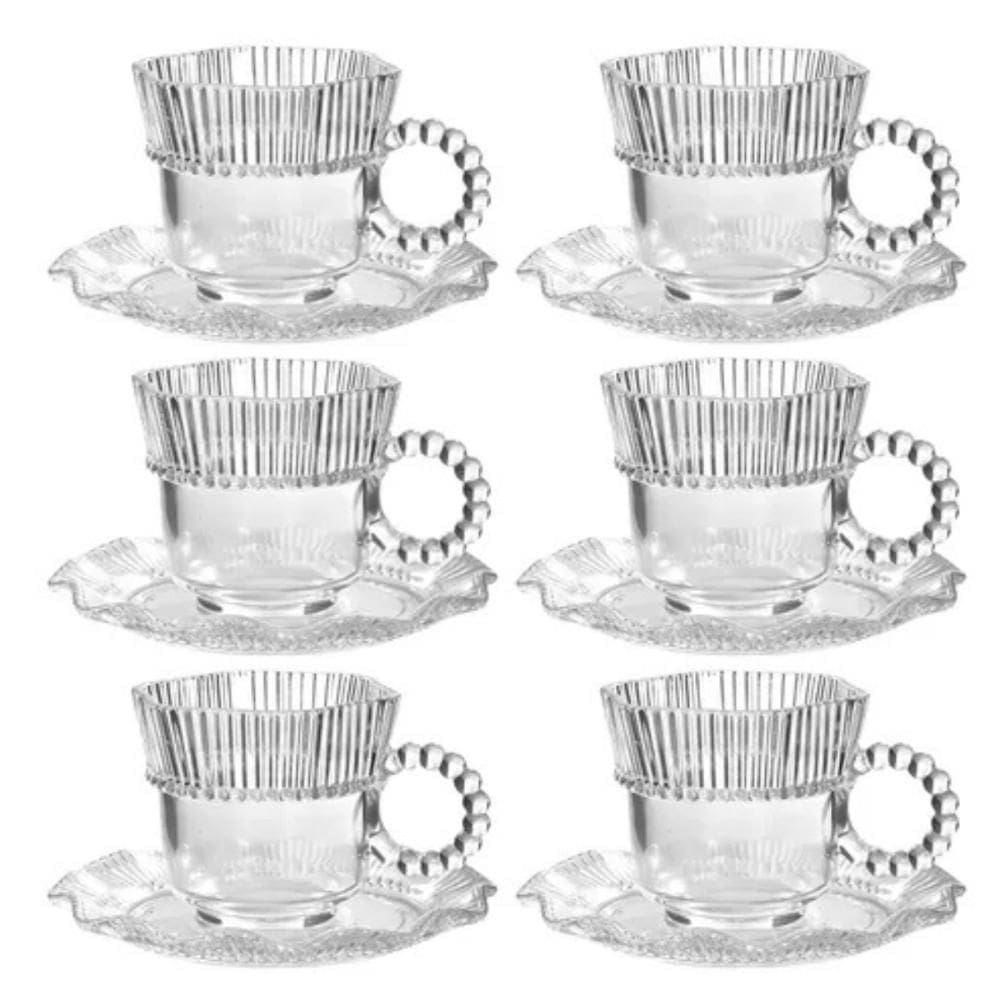 Jogo De Xícaras E Pires Lynx Vidro 100Ml 12 Peças