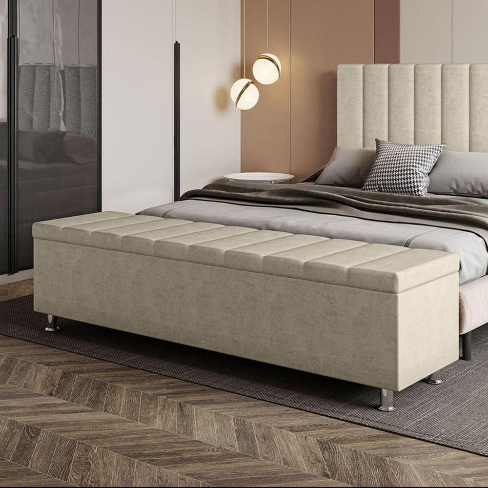 Calçadeira Baú Recamier Estofado King 195 Cm ônix Veludo Bege
