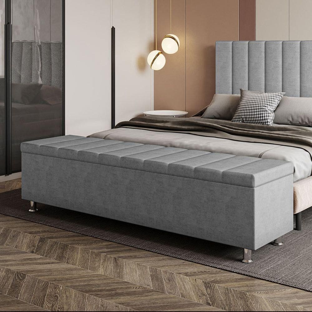 Calçadeira Baú Recamier Estofado Casal 140 Cm ônix Veludo Cinza