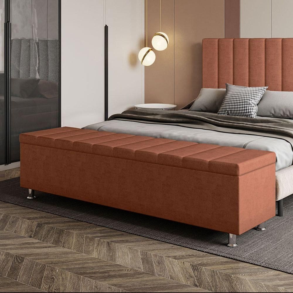 Calçadeira Baú Recamier Estofado King 195 Cm ônix Veludo Terracota