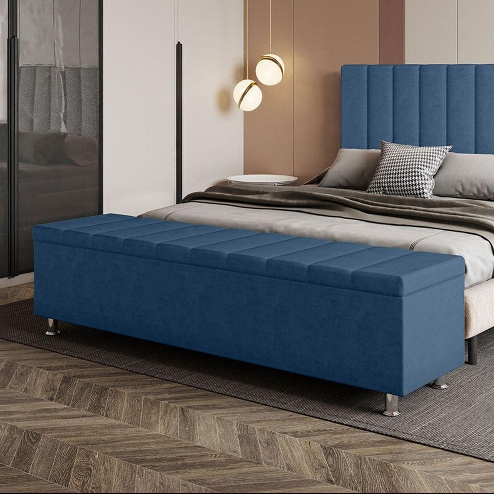 Calçadeira Baú Recamier Estofado King 195 Cm ônix Veludo Azul Marinho