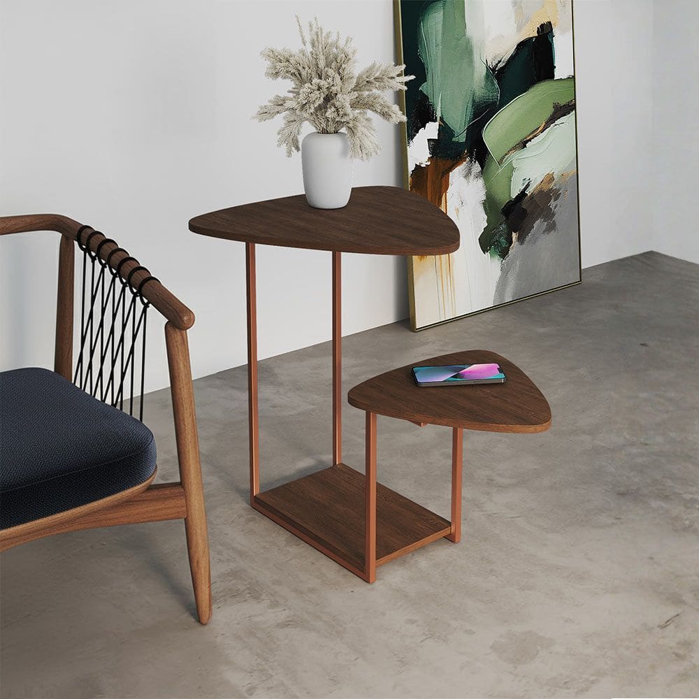 Mesa de Canto Industrial Ferro Cobre Tampo Amêndoa Esfiha