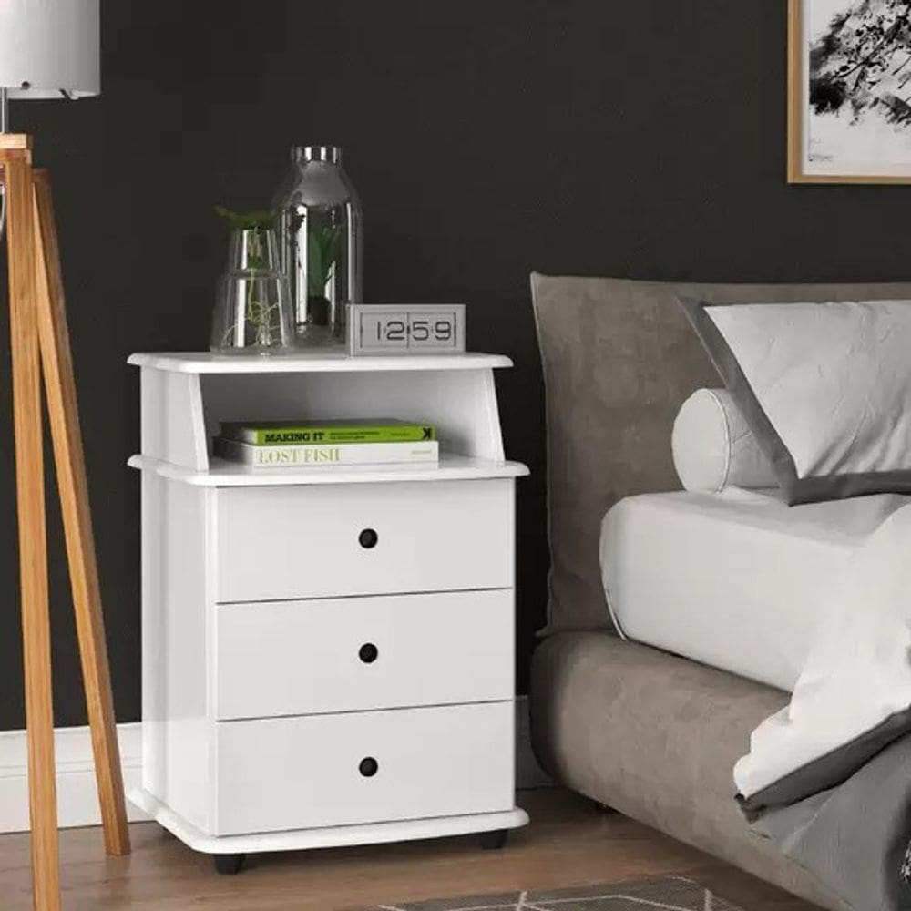 Mesa de Cabeceira 3 gavetas LUXO BRANCO saimys