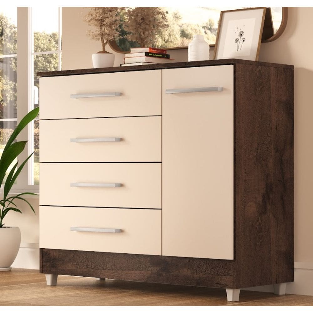 Cômoda 4 gavetas 1 porta - LAURA CHOCOLATE/OFF WHITE saimys