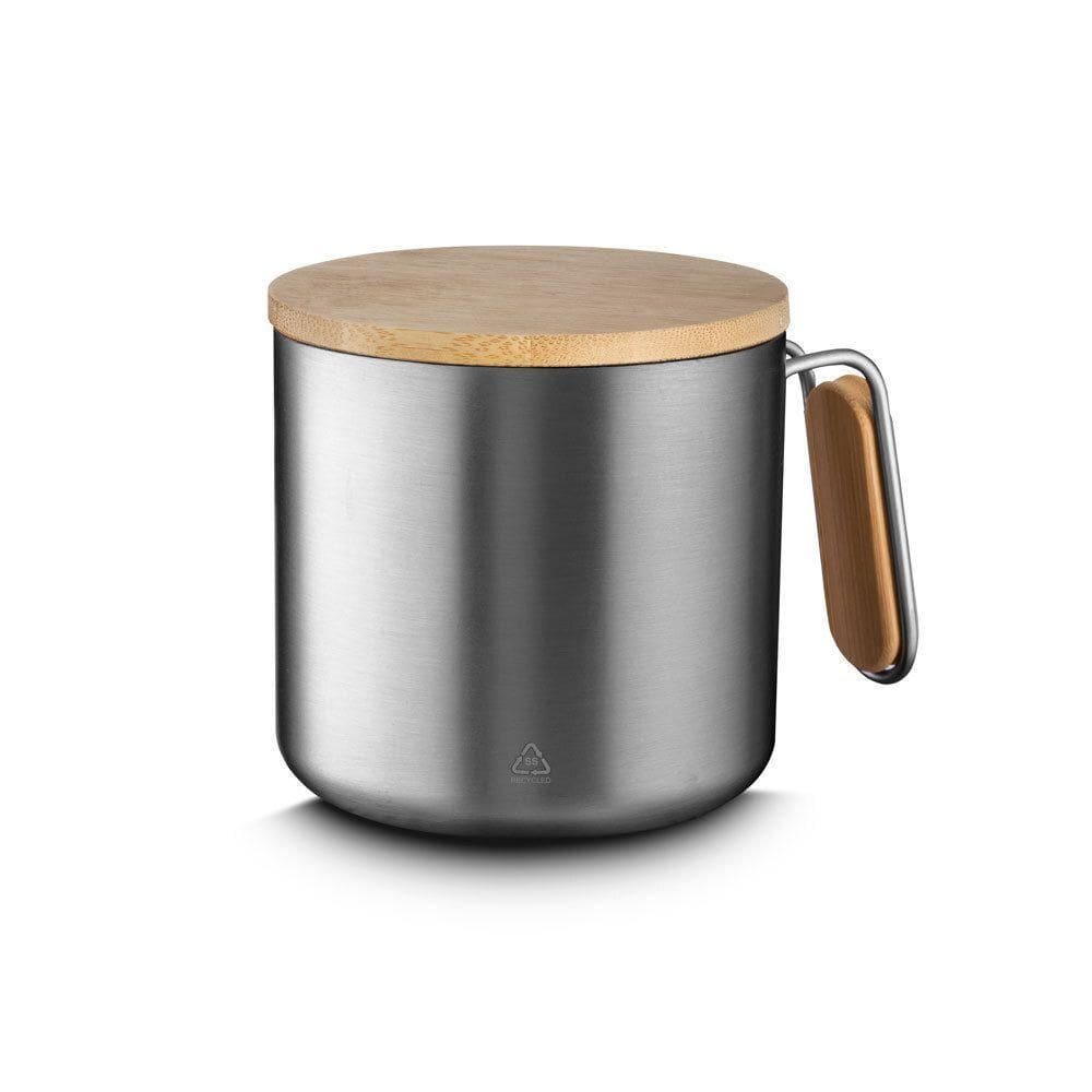 Caneca Térmica De Aço Inox Com Tampa De Bambu E Isolamento A Vácuo 380ml Prata