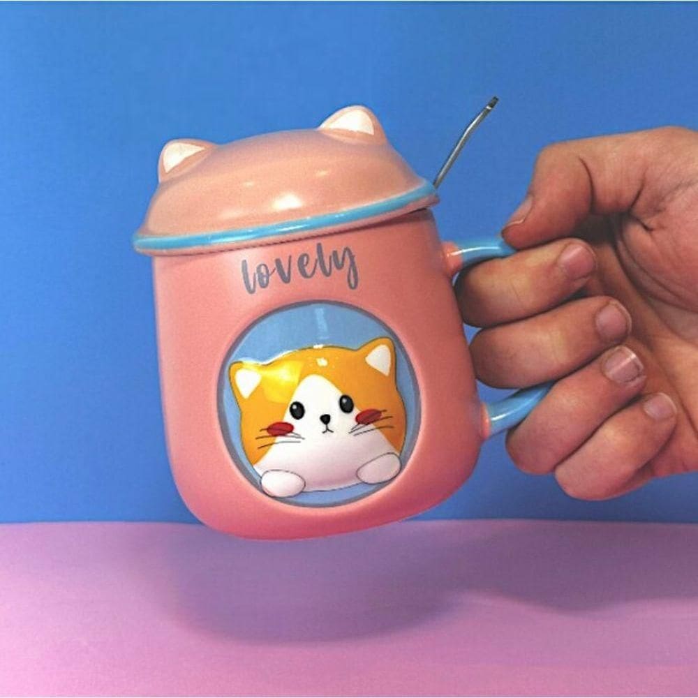 Caneca 3d Gatinho Rosa Com Tampa E Colher - Charme E Aconchego Para Suas Bebidas