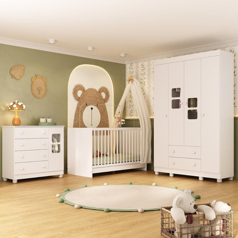Quarto de Bebê Completo com Berço 3 em 1 para Colchão 130x60cm Sol Multimóveis MP4518