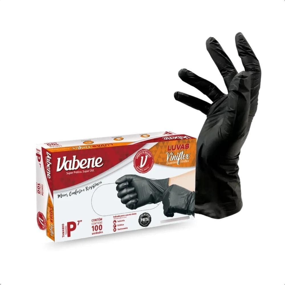 3X Luva Viniflex Preta Descartável Cuidado Limpeza 100Un