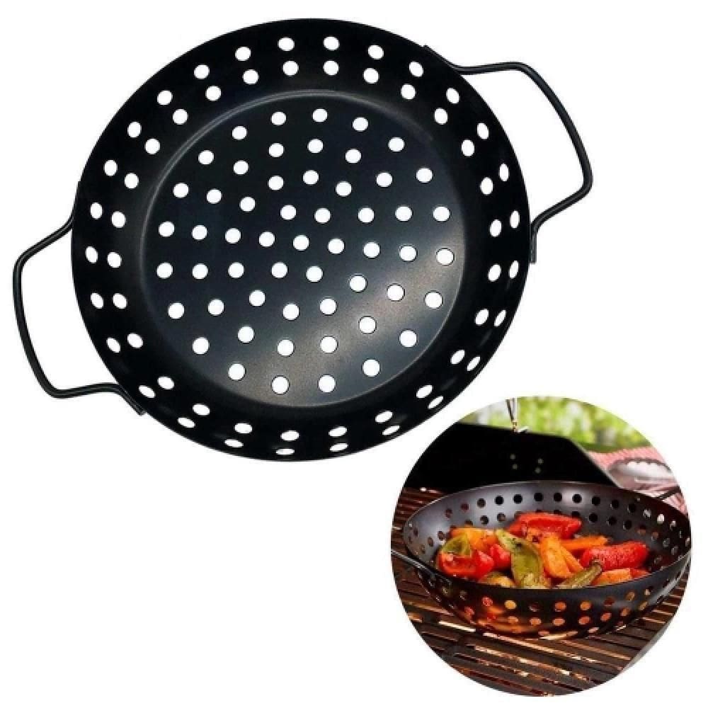 Panela Churrasqueira Fritadeira Grelha Antiaderente Cesto Churrasco Legumes Camarão Peixe Grelhado Com Alça Preta