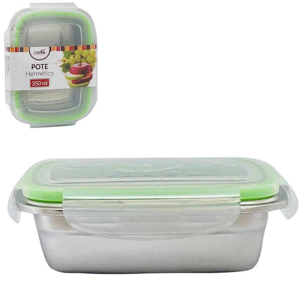 Pote Inox Retangular 350Ml Com Tampa Hermética E Trava