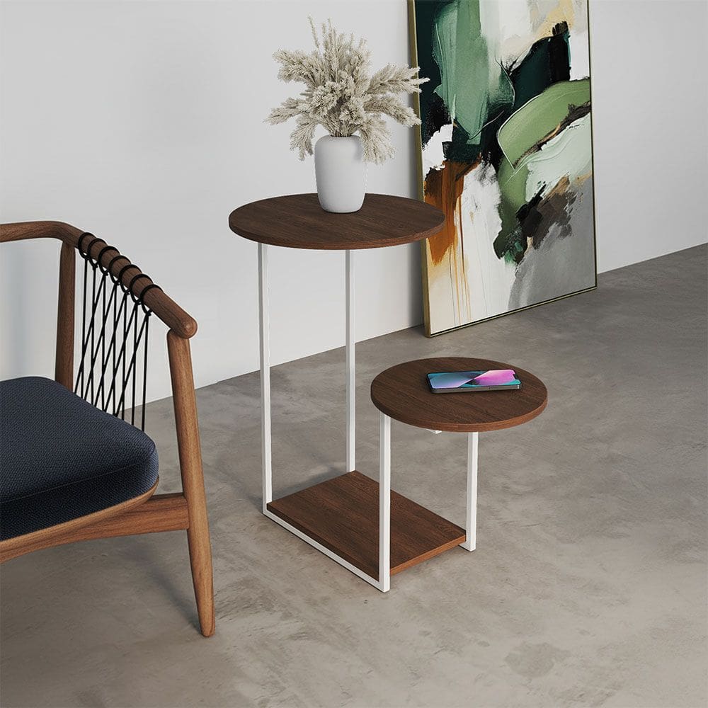 Mesal Lateral Cibele Tampo Redondo Ferro Branco Tampo Amêndoa