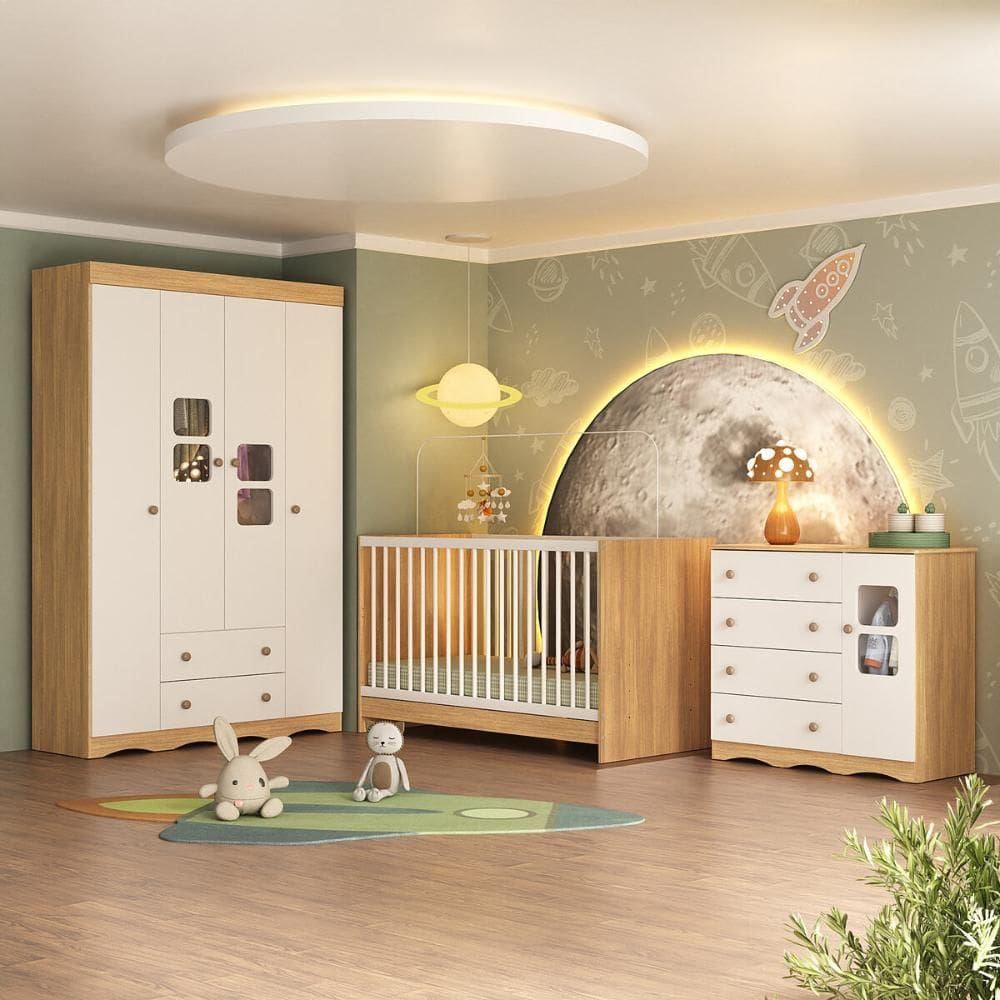 Quarto de Bebê Completo com Berço 3 em 1 para Colchão 130x60cm Serena Multimóveis MP4519