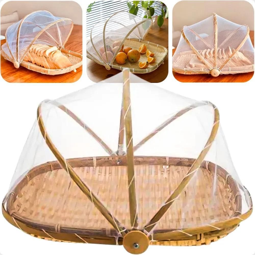 3X Cesto Porta Pão Bolo Bambu Retangular Cobertura Retrátil