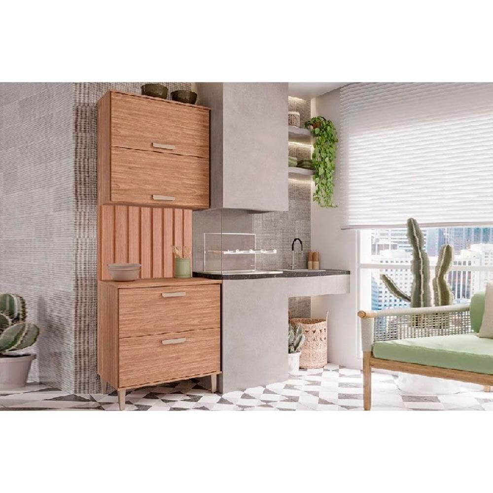 Cozinha Completa Bella 3 Peças (1Aéreo+1Balcão+1Painel Ripado) 80cm Freijo - MGM