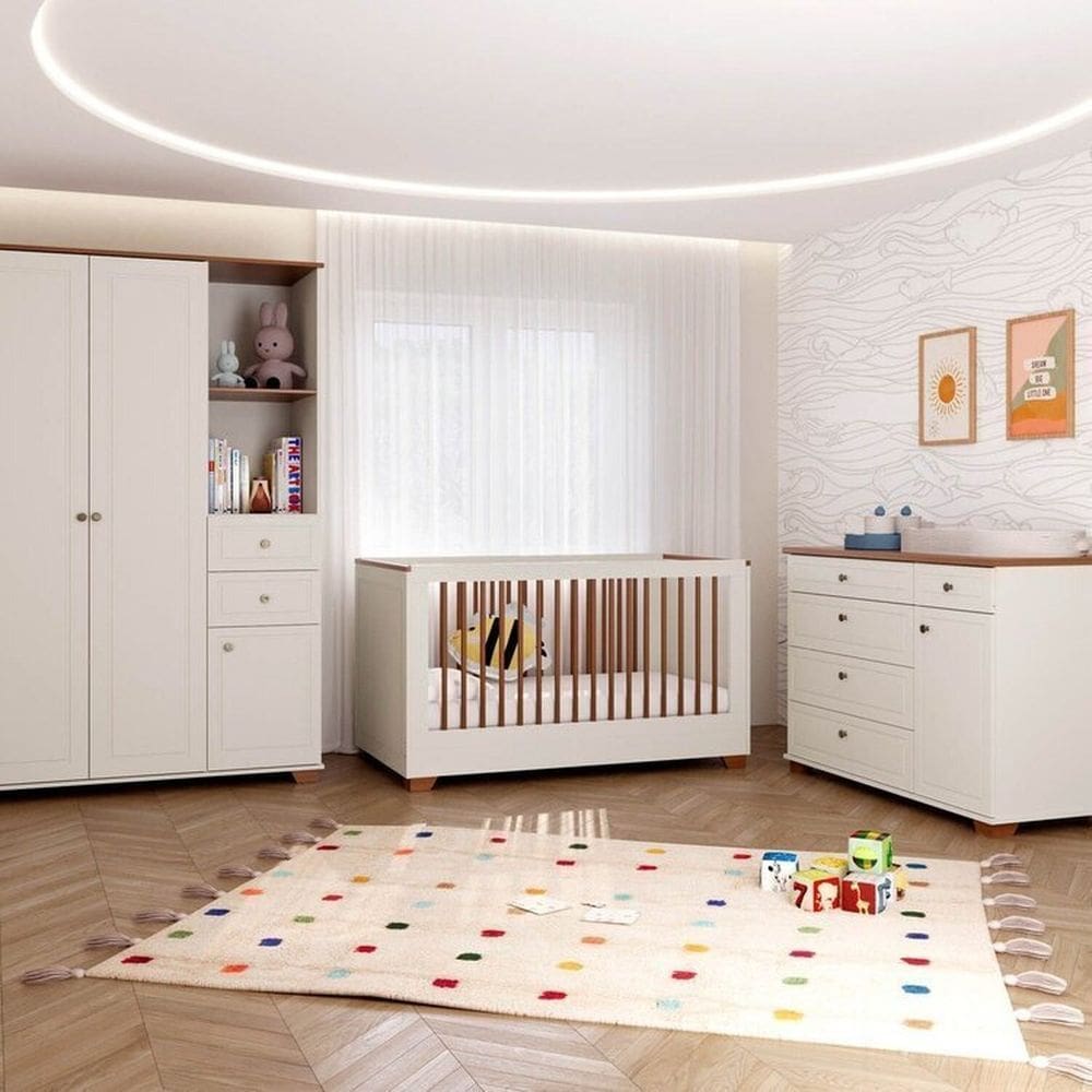 Quarto Completo Berço Evolutivo Cômoda e Guarda Roupa Ananda Casatema Madeiraoriginals Off White/Mel