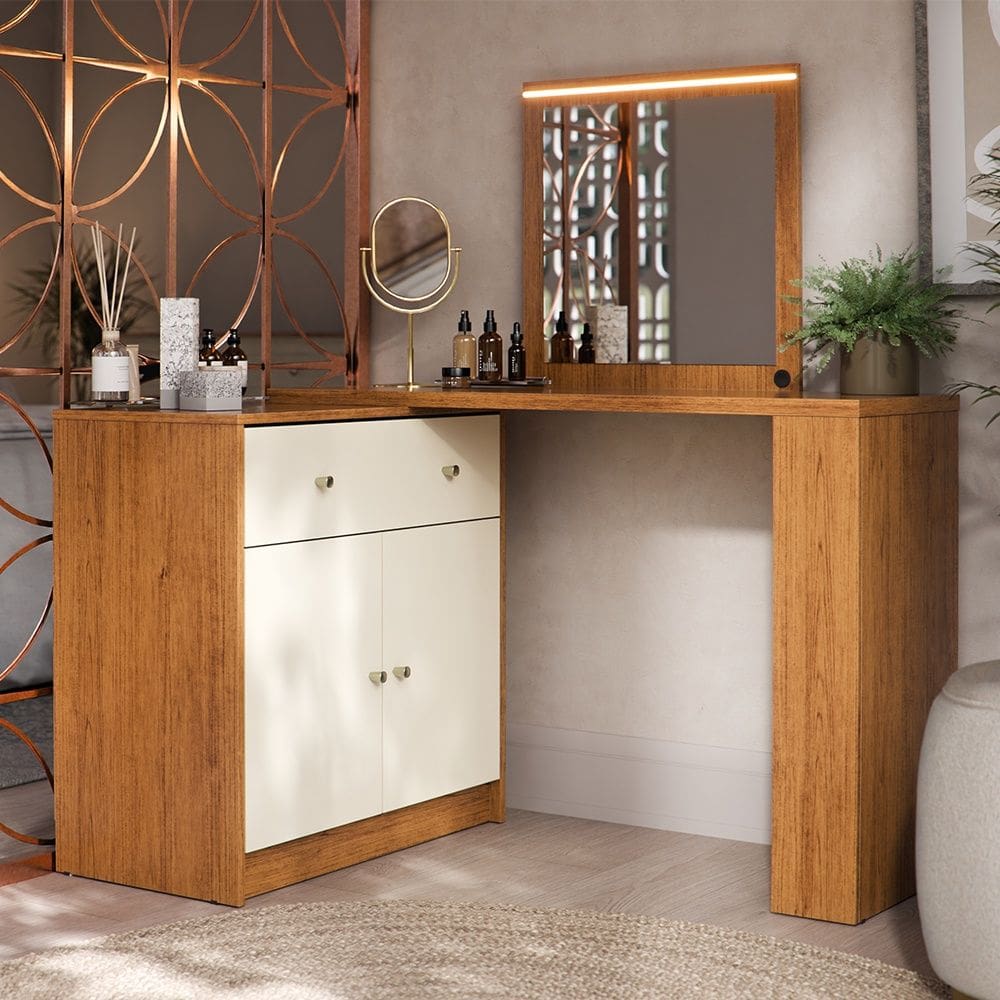 Penteadeira Camarim em L Aura Canela Off White Mobler