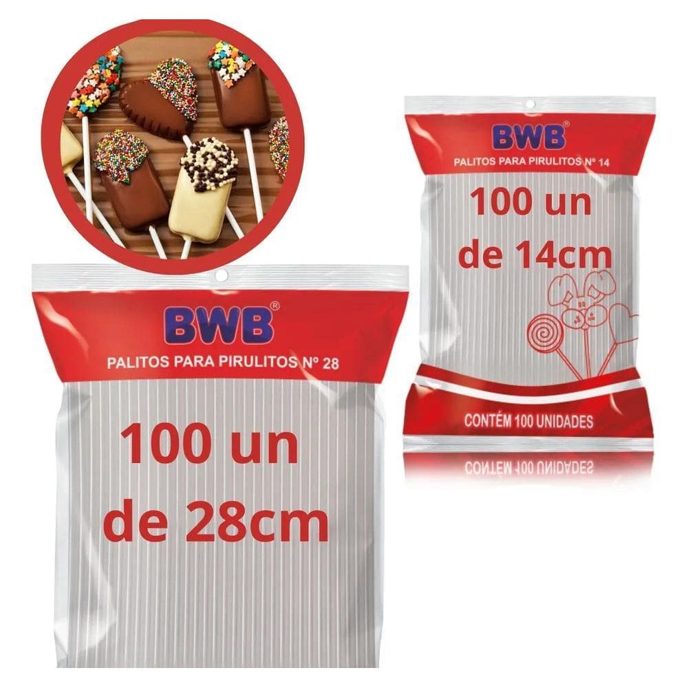 100 Palito Pirulito 14 Cm + 100 Palito 28 Cm Cristal Bwb