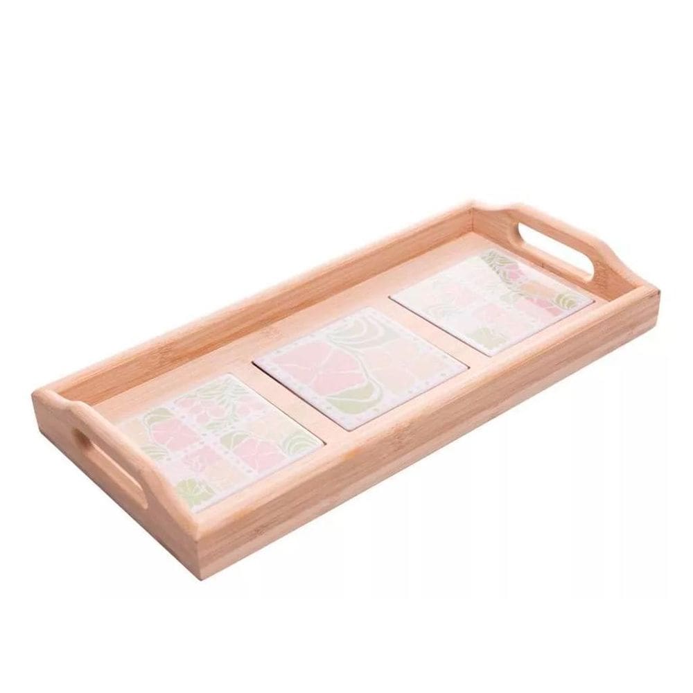 Bandeja Com Alca E Fundo Ceramica Floral 37Cm Bambu