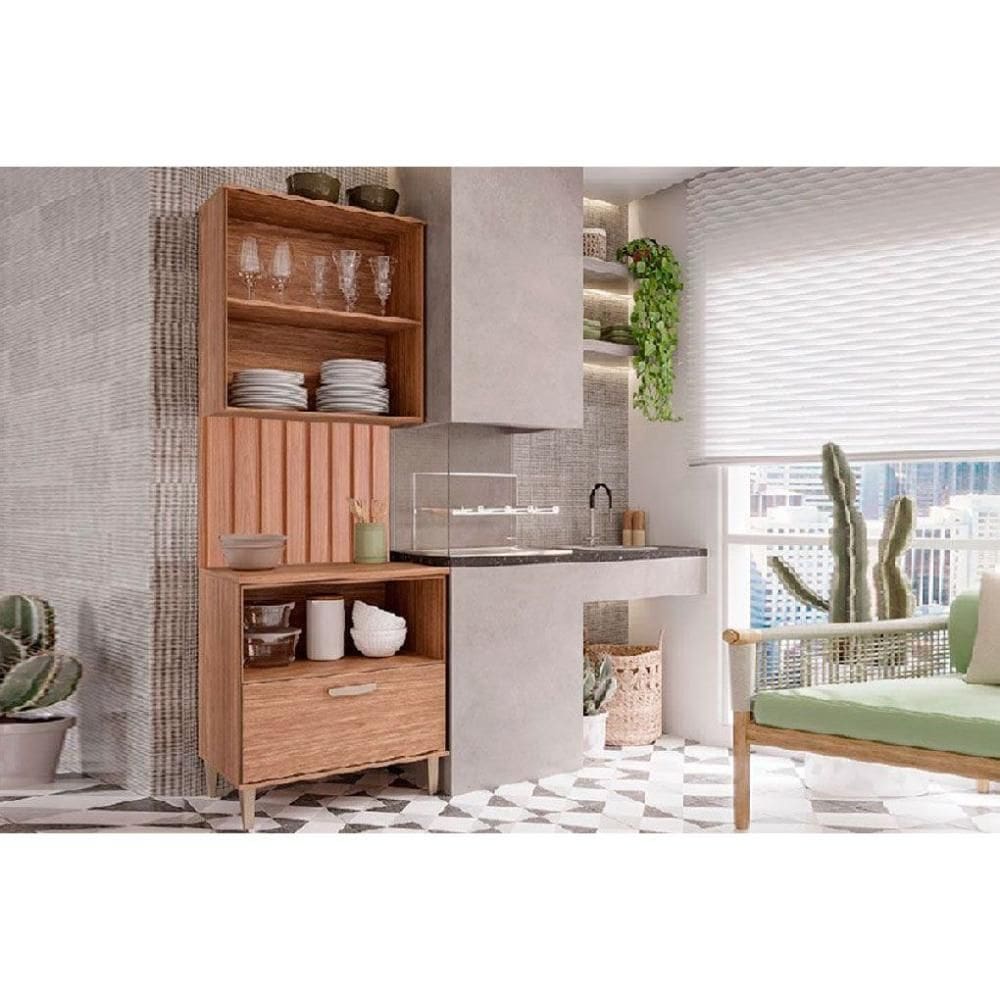 Kit de Cozinha Completa 2 Peças Bella 3 Peças s/ Portas (1Aéreo+1Balcão+1Painel Ripado) 80cm Freijo - MGM