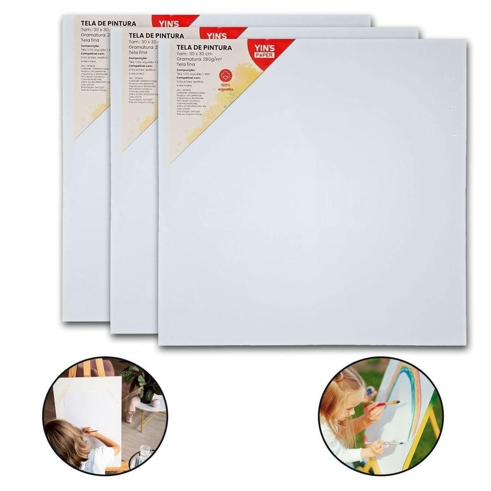 Kit 3 Telas De Pintura Fina 30x30 100% Algodão Pronta Branca