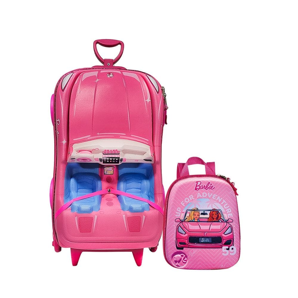 Mochila Rodas Barbie Carro Conversível 3D Lancheira Escolar
