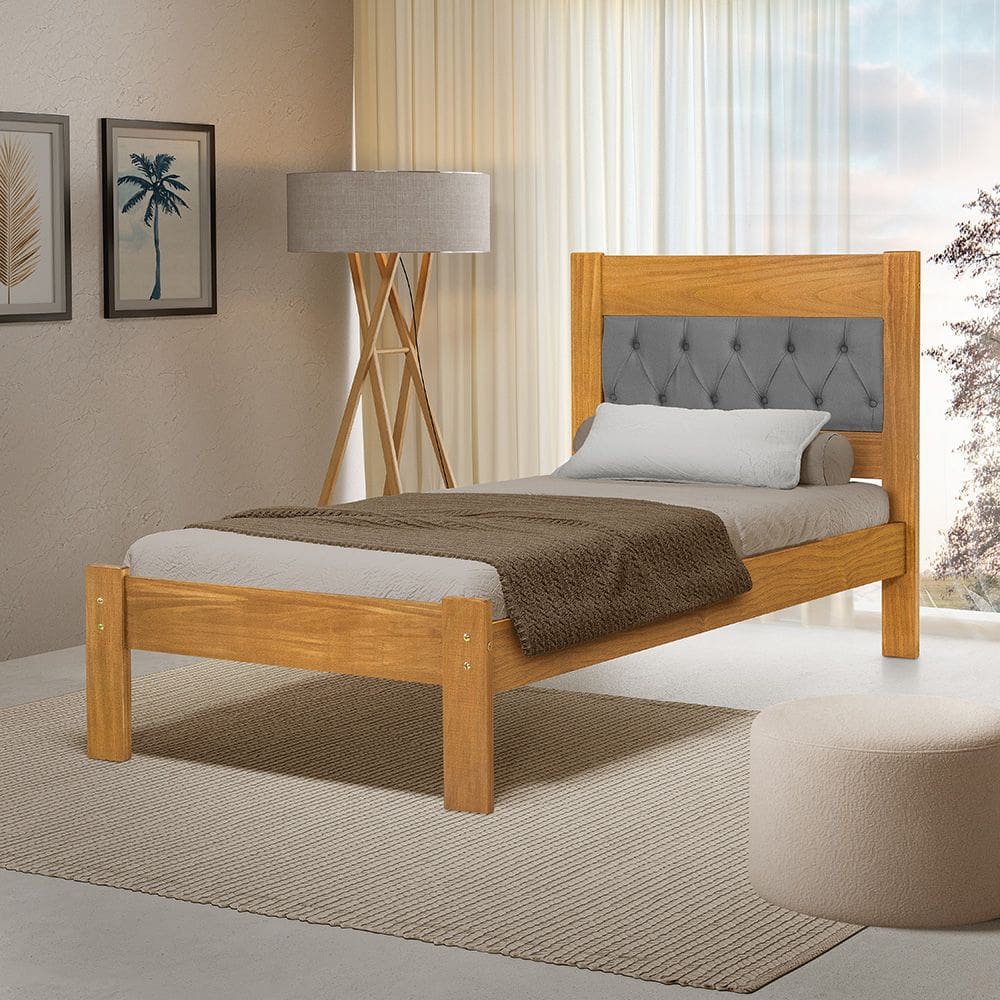 Cama de Solteiro Viena Cabeceira Captonê Veludo Cinza Madeira Imbuia