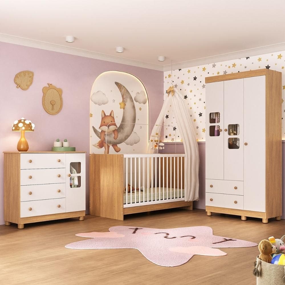 Quarto de Bebê Completo com Berço 3 em 1 para Colchão 130x60cm Sol Multimóveis MP4526