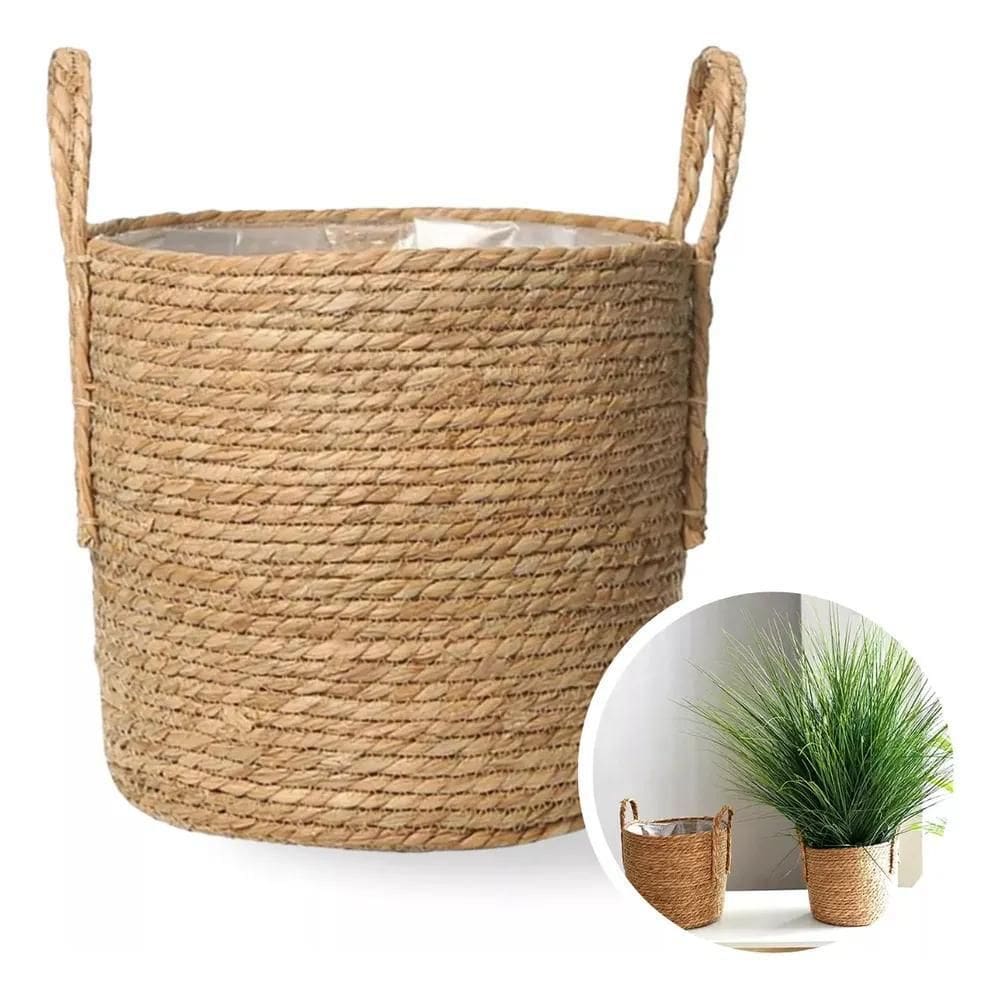 Vaso Cachepoo Cesto Palha Alça Corda Sala Varanda Boho Chic