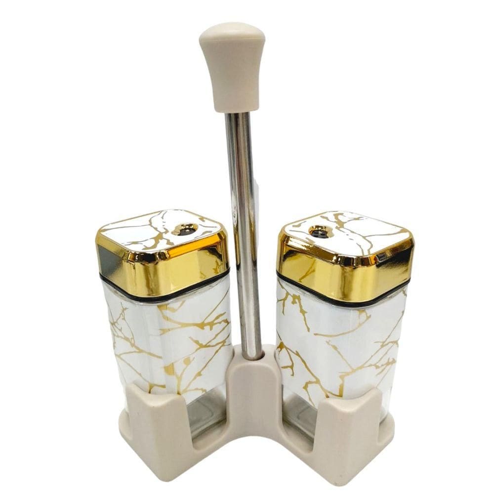 Kit Saleiro e Pimenteiro com Suporte Branco e Dourado Quanhe