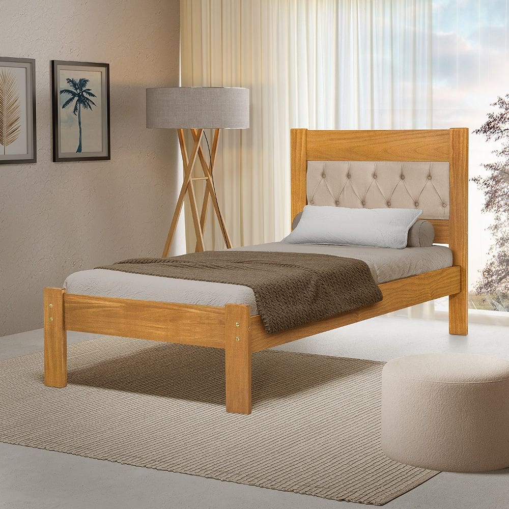Cama de Solteiro Viena Cabeceira Captonê Veludo Bege Madeira Imbuia
